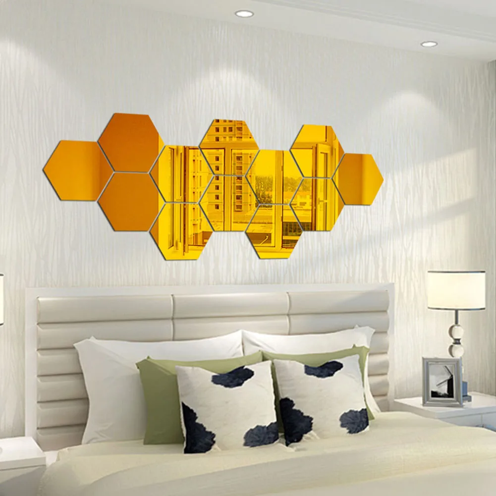 Description Picture 6 of item12Pcs Acrylic Hexagon 3D Art Mirror Wall Sticker Art Wallpaper for Party Wedding Bedroom Kitchen Room Home Interior Decor