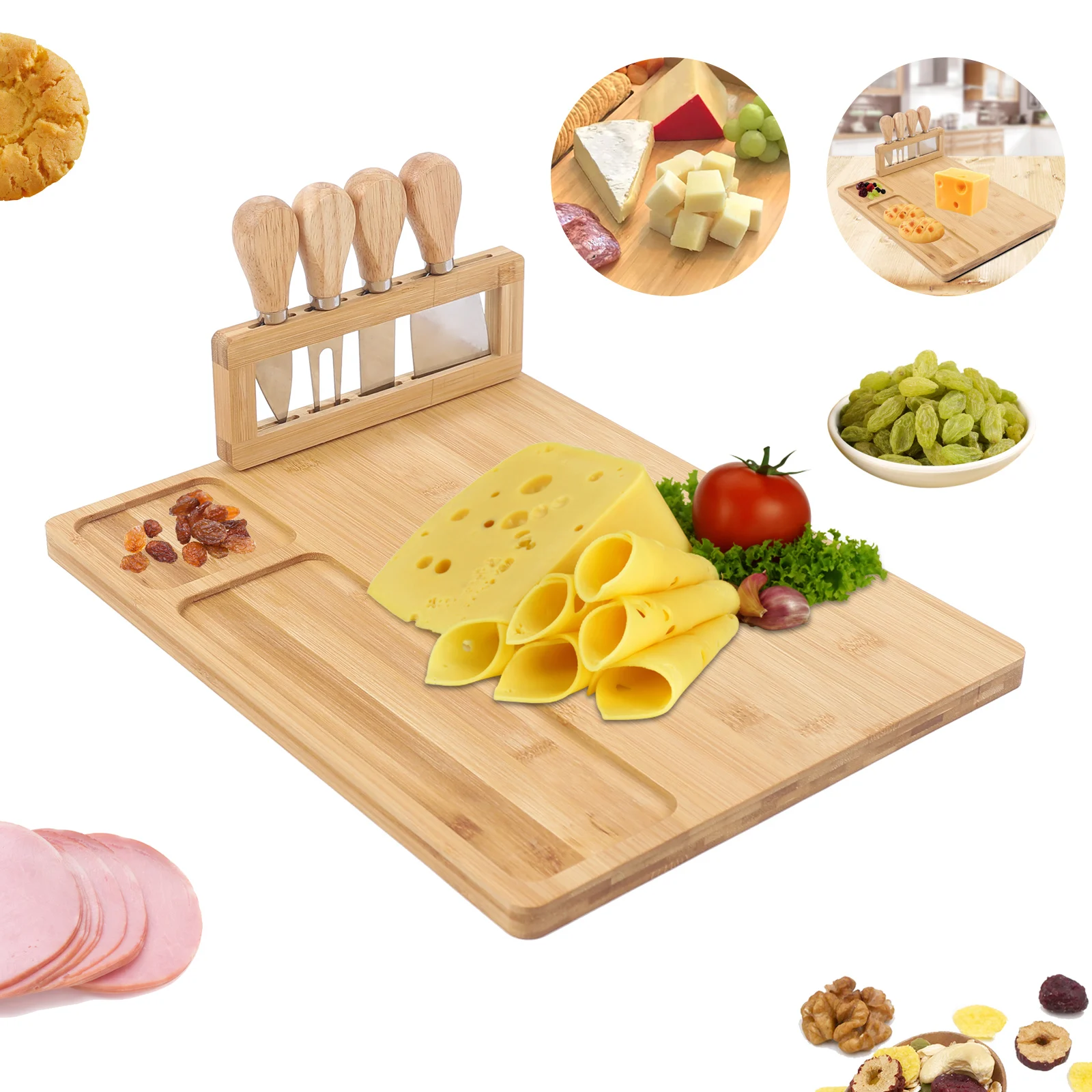 

Bamboo Cheese Board with Cheese Knife Set - Wooden Serving Plate or Kitchen Chopping Board Charcuterie Board