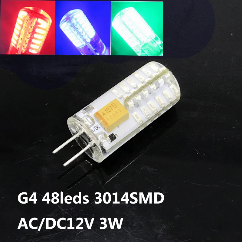 미니 G4 LED 전구, 샹들리에 크리스탈라이트 램프용 다채로운 조명, 레드, 블루, 그린, 3W, 5WAC, DC 12V, 3014 SMD, 10 개