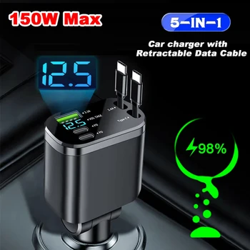 5 IN 1 Retractable Car Charger USB Type C PD Retractable Cable For iPhone Samsung Fast Charging Cord Cigarette Lighter Adapter 1