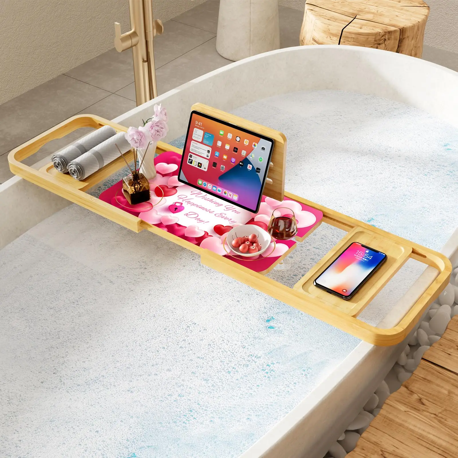 Premium Bathtub Tray Caddy-Expandable Bath Caddy Tray-Adjustable Bamboo Bath Tub Table Unique House Warming Gifts Ne