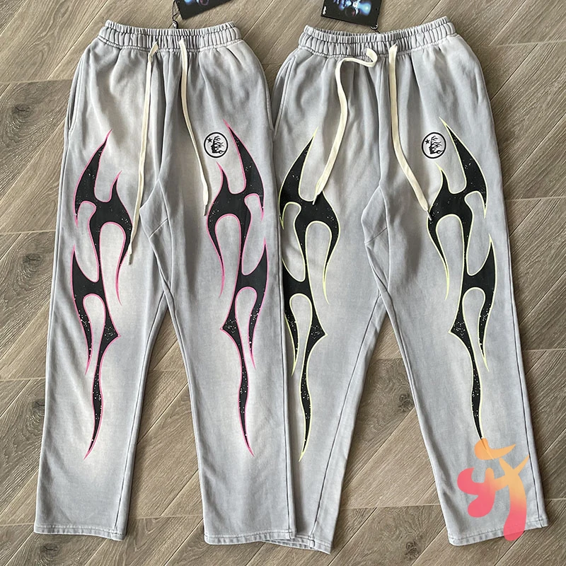 

Vintage Grey Washed Flame Lightning Hellstar Sweatpants Men Women Casual Loose Drawstring Pants Hiphop Street Hell Star Pants