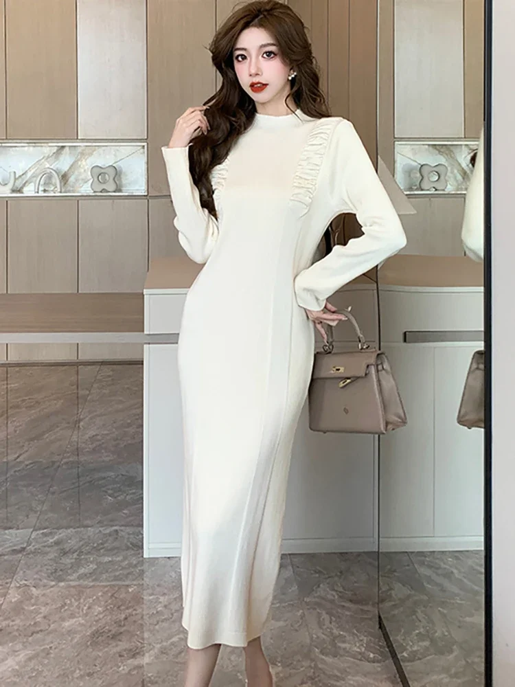 

Autumn Winter White Knitted Pleated Sweater Dress Female Elegant Dresses for Special Events 2023 Fashion Bodycon Party Vestidos
