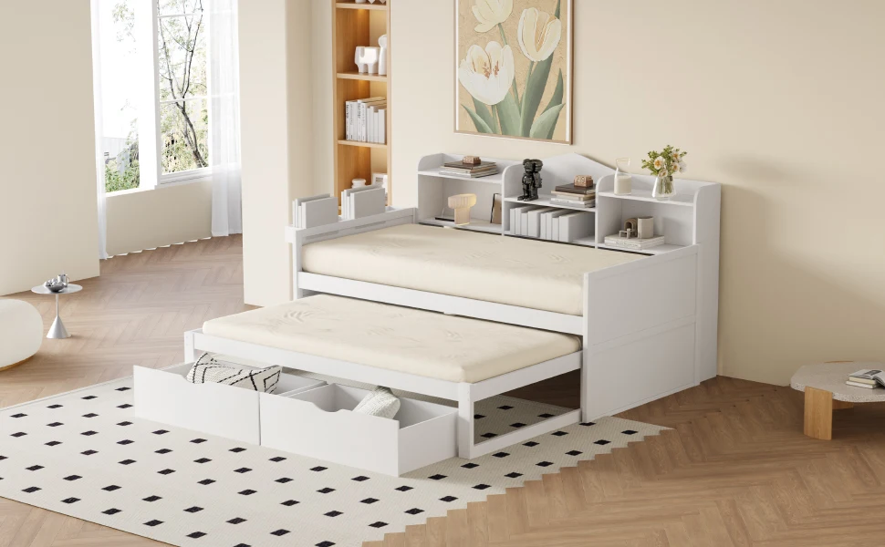 KOMHTOM Einzelholzbett Schlafsofa 90x200 mit Ausziehbett 90x190 zwei Schubladen großem Staufach Ablagekorb und USB Steckdose – Detail 1