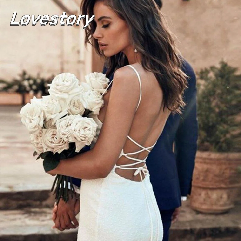 

Charming Mermaid Wedding Dresses Spaghetti-Strap Bride Robe Sexy Backless Bridal Gowns Boho Criss Cross Bow Vestidos De Noiva