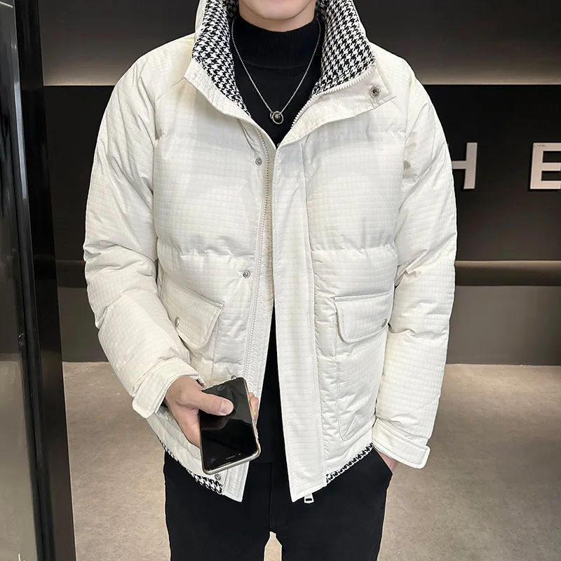Thick Men's Parkas Jackets Plaid Cotton Jacket Casual Loose Oversized Warm Coats Stand Collar Solid Color Streetwear Winter 3