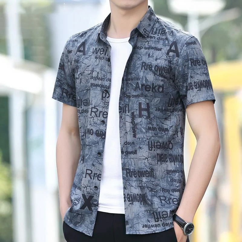 Fashion Lapel Button All-match Printed Asymmetrical Shirts Men's Clothing 2023 Summer New Casual Tops Short Sleeve Korean Shirt 4