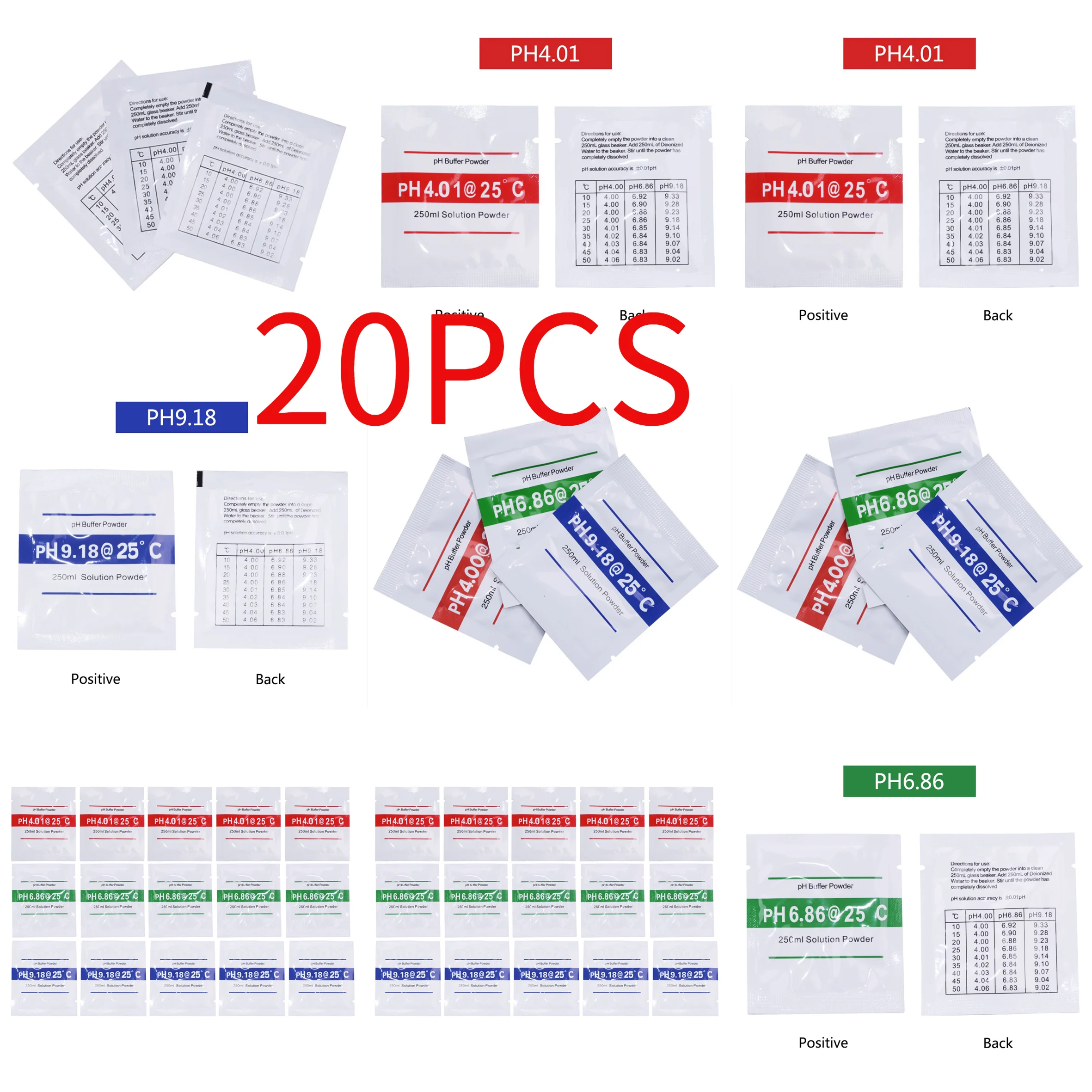 20pcs PH Meter Calibration Point 3 Type PH 6.86 PH 4.00 PH 9.18 Buffer Powder Solution Powder Measure Calibration For Test Meter