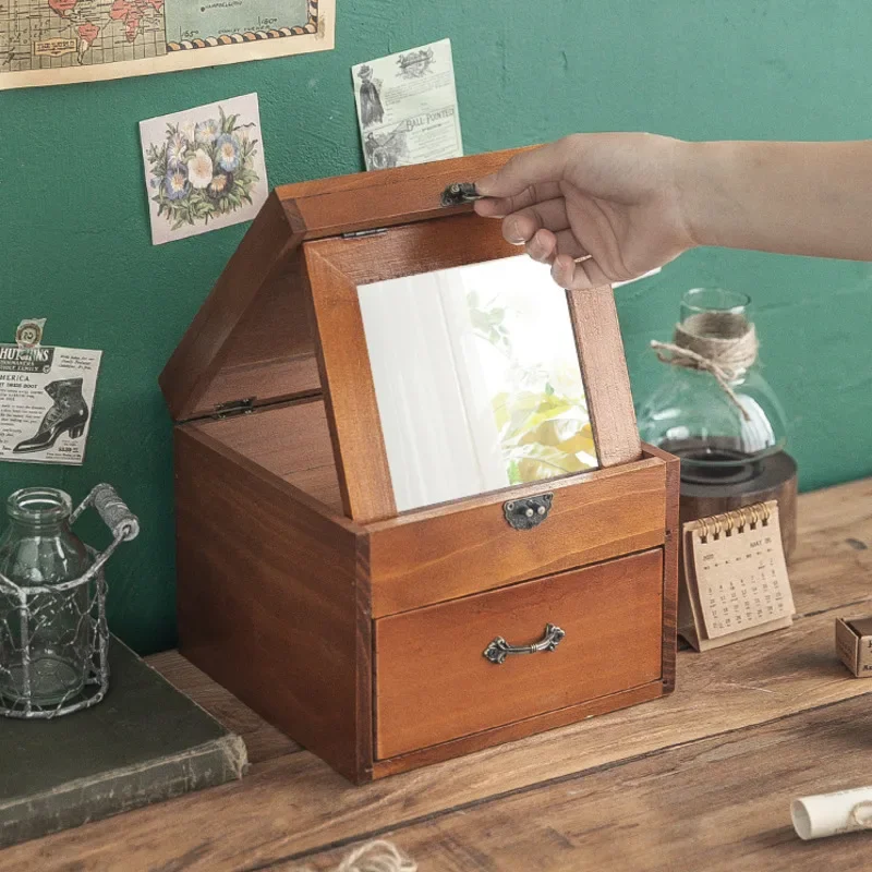

Storage Shelves Retro Cosmetics Storage Box Lipstick Mask Desktop Solid Wood Jewlery Box Dresser Drawer With A Mirror