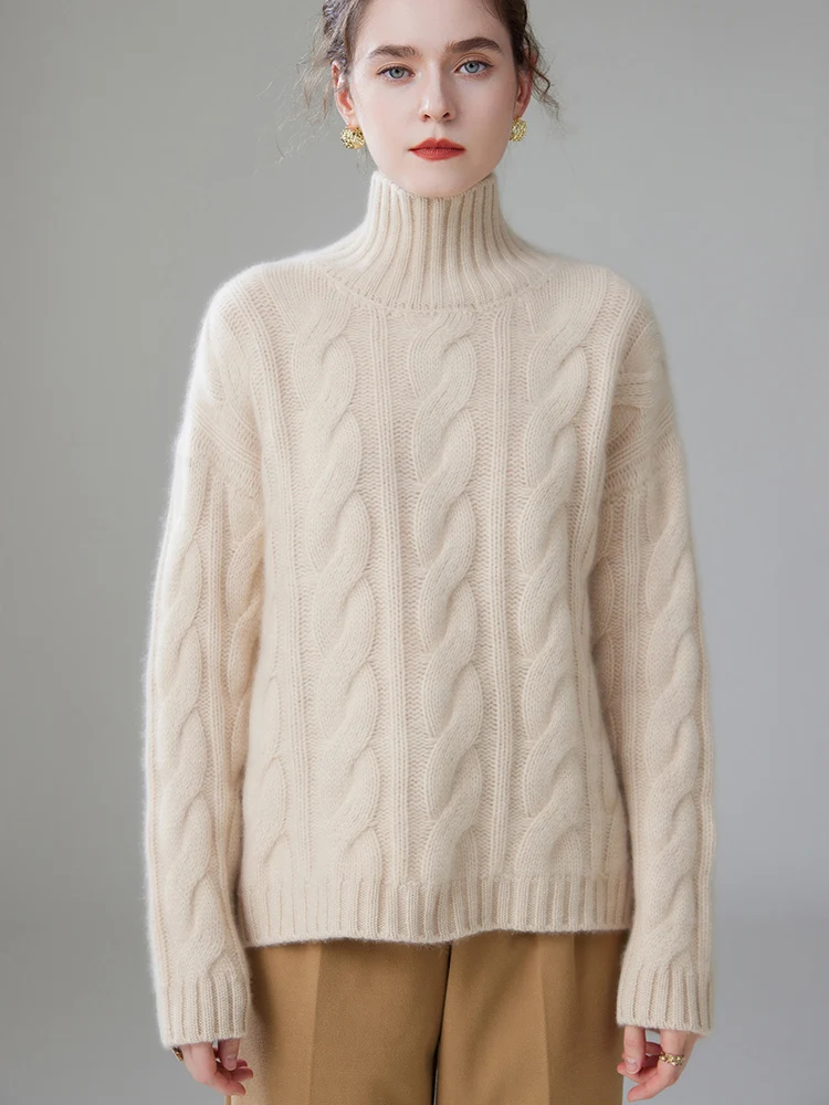 

New Knitted Autumn Winter Women Pullover Pure Cashmere Turtleneck Long Sleeve Twist Flower Thick Cashmere Sweater Female Cloth