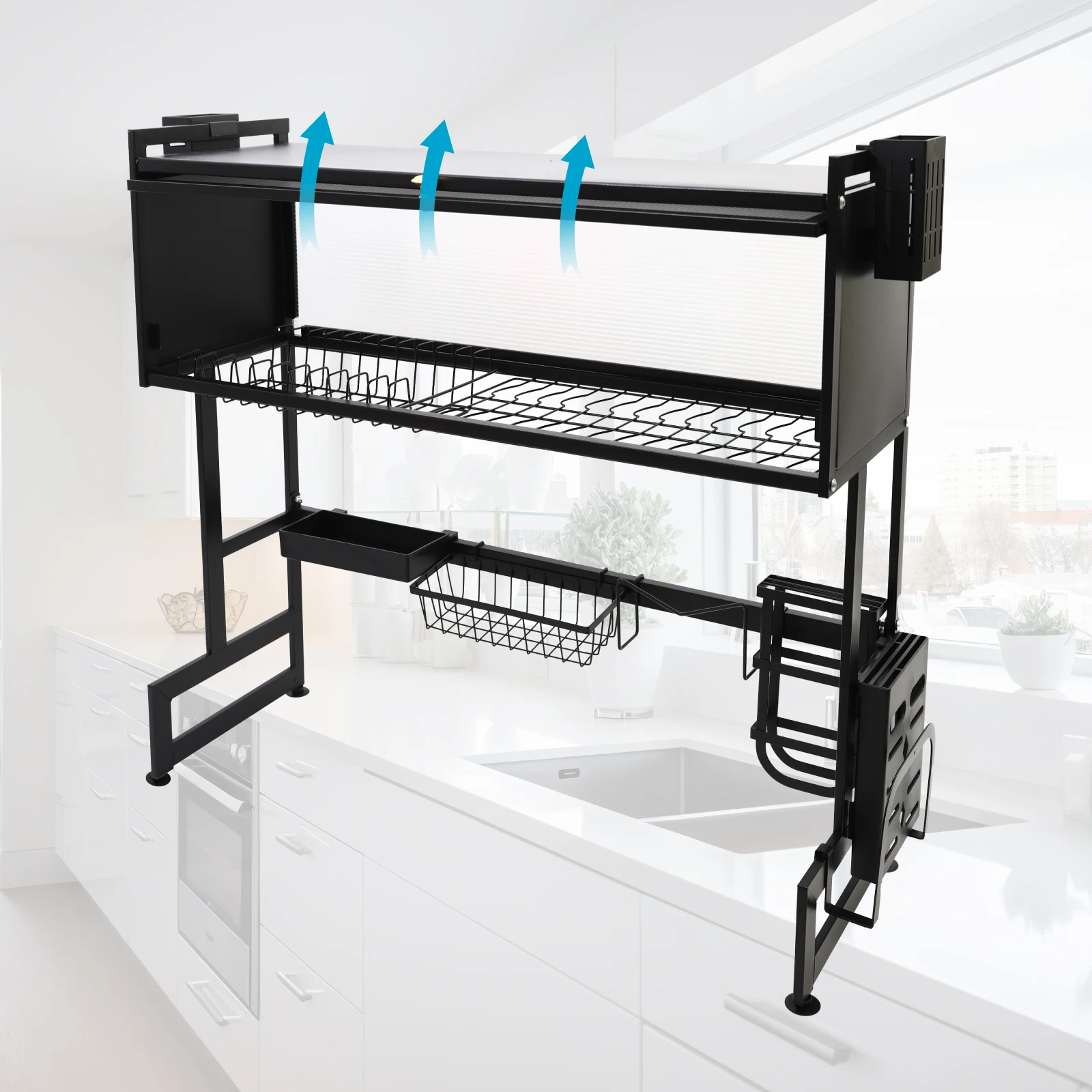 Küchenspüle, Regal, Haushalt, Geschirr, Abflussregal, Schwarz, Länge 85 cm, Luxus-Set, 2-stufige Aufbewahrungsbox – Detail 11