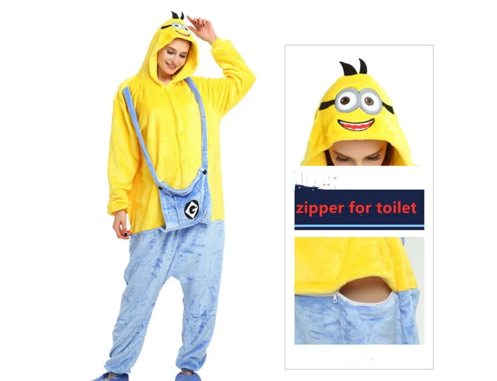 Minions Kigurumi Flannel Zipper Onesie Cosplay Anime Costume Halloween Winter Pajamas Halloween Christmas Family Clothing