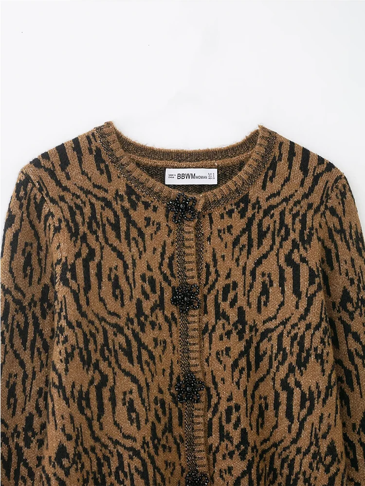 Casual Chic Women Cardigan Long Sleeve Vintage Animal Jacquard Knitting Cardigans 2025 Autumn Winter Elegant Sweater Coat