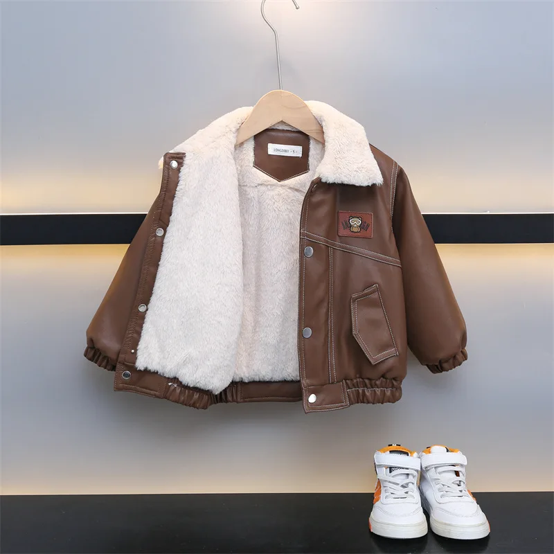 

Children Leather Coat Winter Clothing Korean Boys PU Leather Jacket Kids Cotton-Padded Parka Coat Boys Thicken Warm Jackets