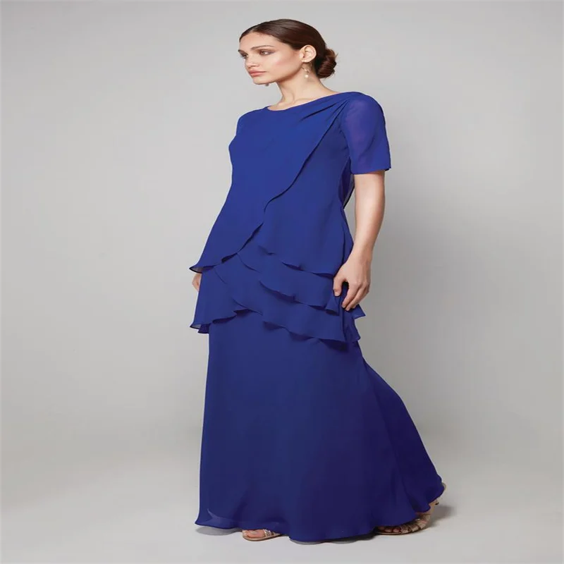 

Royal Blue Mother of the Bride Dresses Short Sleeves Tiered Chiffon Long Groom Mother Dress A Line Wedding Party Guest Gowns