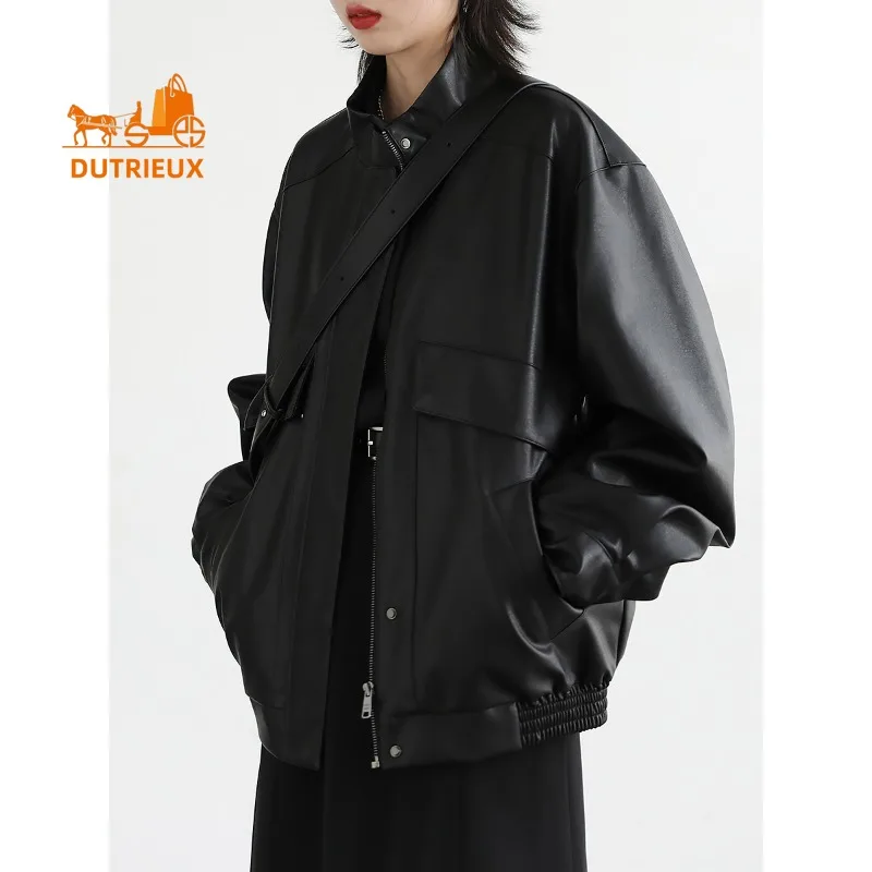 Winter Women's Neutral Style Cool Stand Collar Quilted Leather Jacket, 100% Genuine Sheepskin Intellectual and Fashionable Coat