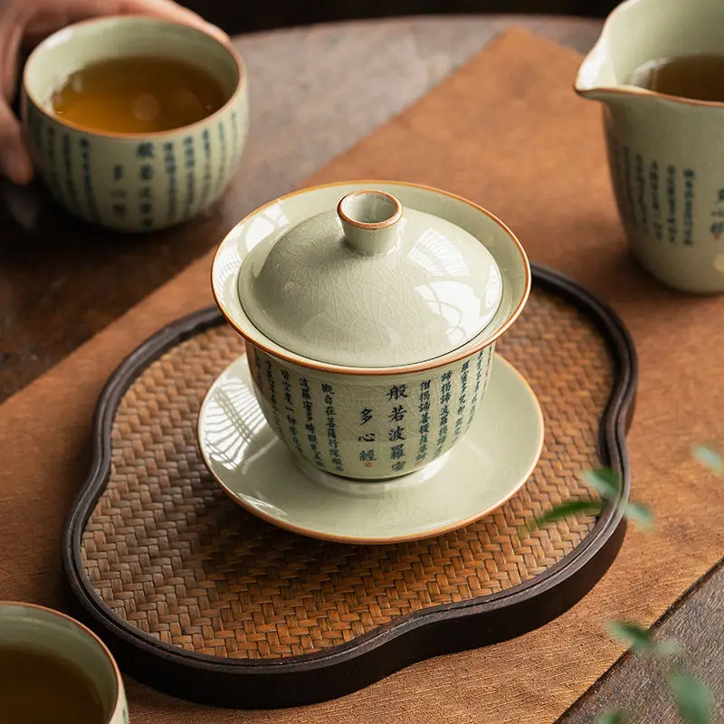 Retro Heart Meridian Tea Tureen Ru Kiln Ceramic Bowl Tea Maker Gaiwan Kung Fu Teaware Set Cup Ceremony
