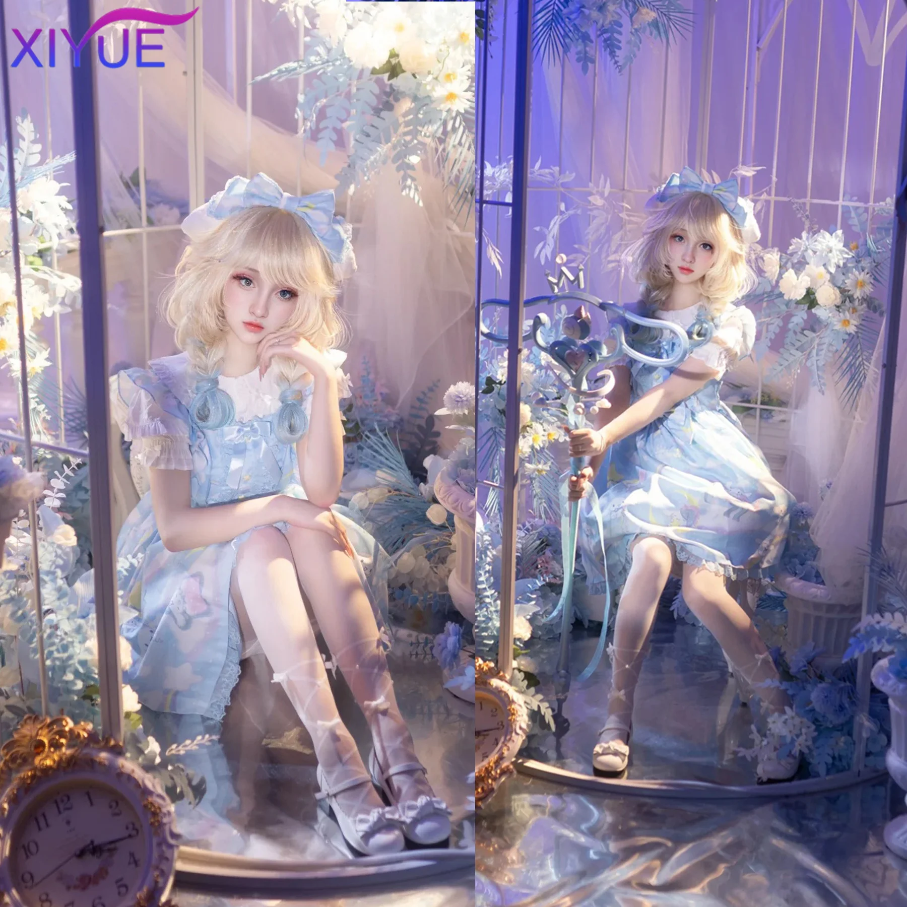 XIYUE 50CM Synthetic Light Golden Braided wig Blonde blue Synethetic Natural Hair Wig for Women Daily Cosplay