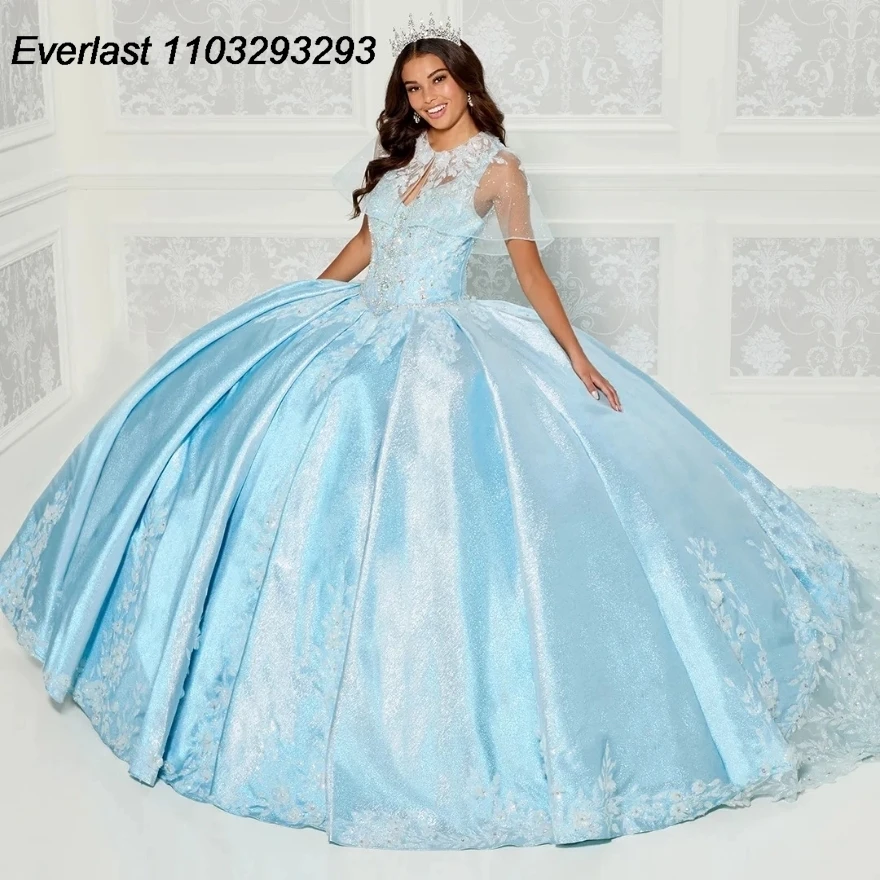 

EVLAST Glitter Blue Quinceanera Dress Ball Gown Gold Lace Applique Beading Crystal With Cape Sweet 16 Vestido 15 De Años TQD218