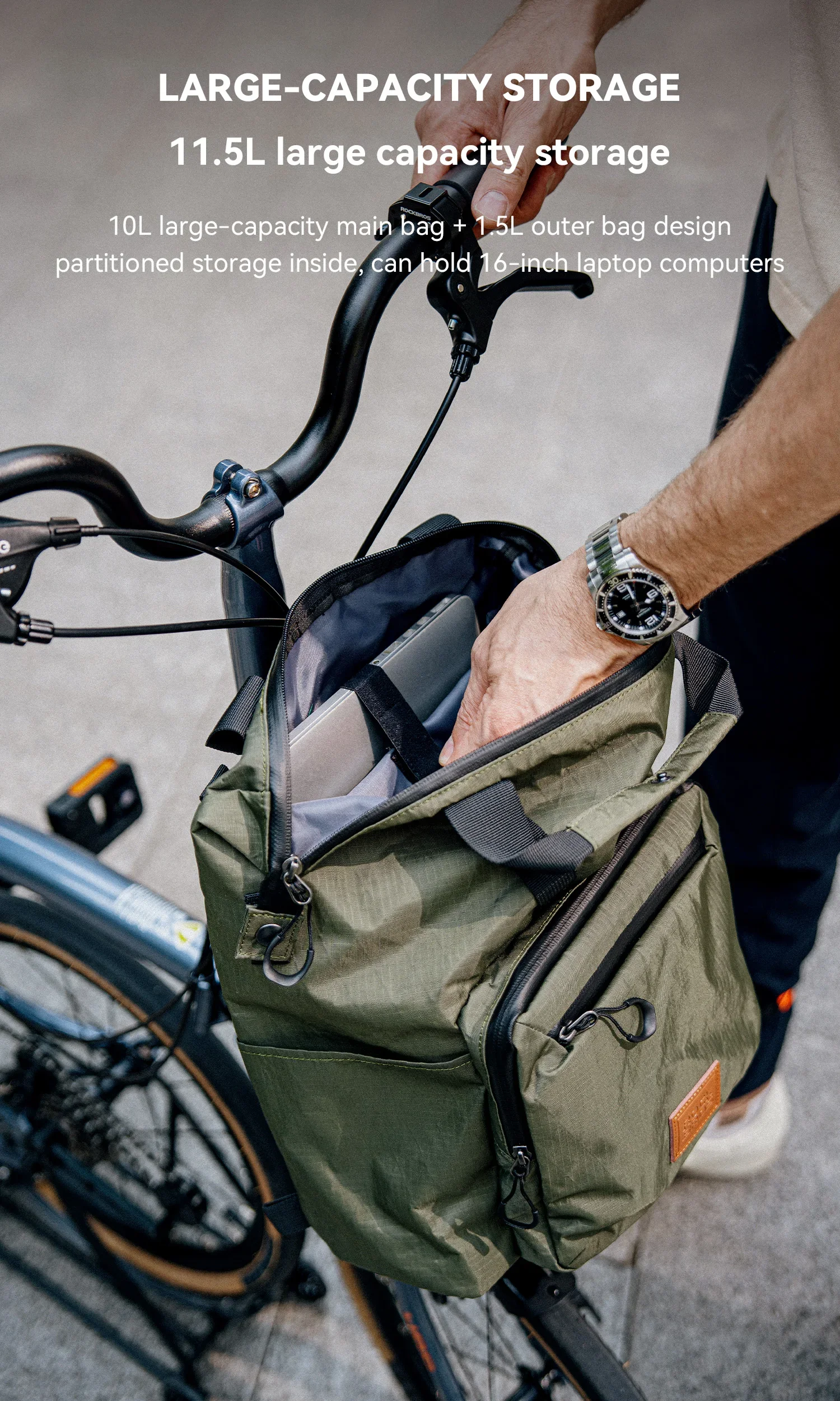 ROCKBROS Fahrradtasche, zusammenklappbarer Fahrradrucksack, multifunktionale Handtasche, verlängerter Reißverschluss für Brompton 11,5 l Fassungsvermögen, Umhängetasche – Detail 4