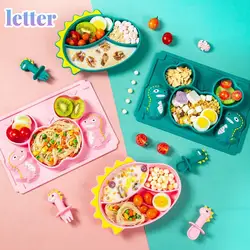 Platos dispensadores de silicona para bebés, juego de vajilla con ventosa para niños, tazón de alimentación dividido, cuchara y bandeja de tenedor