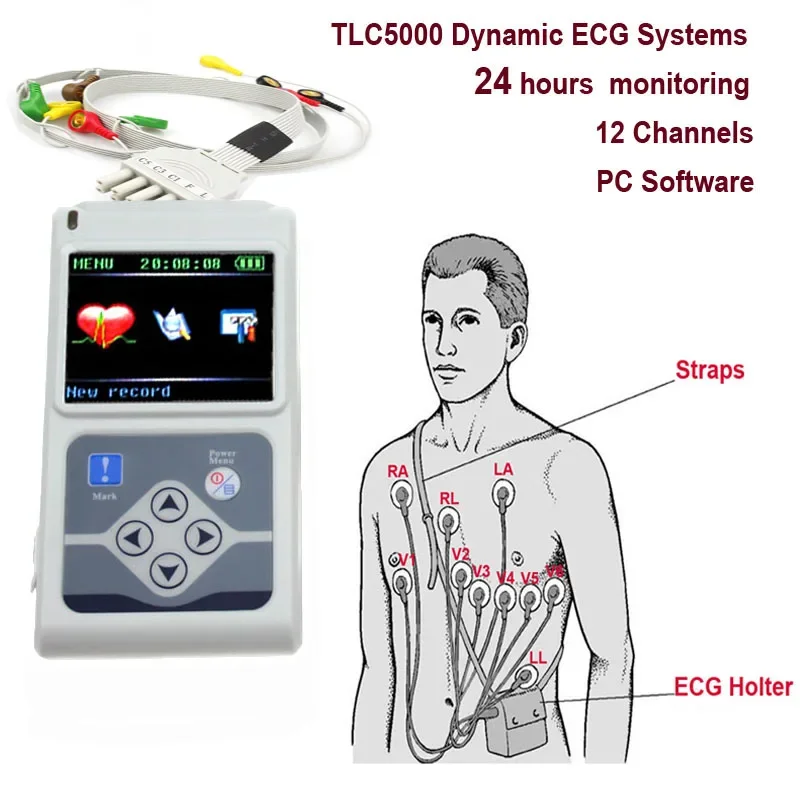 

12 Channels 24 Hours Recording Dynamic ECG Holter with LCD Display Monitoring EKG System Heart Rate Test TLC5000