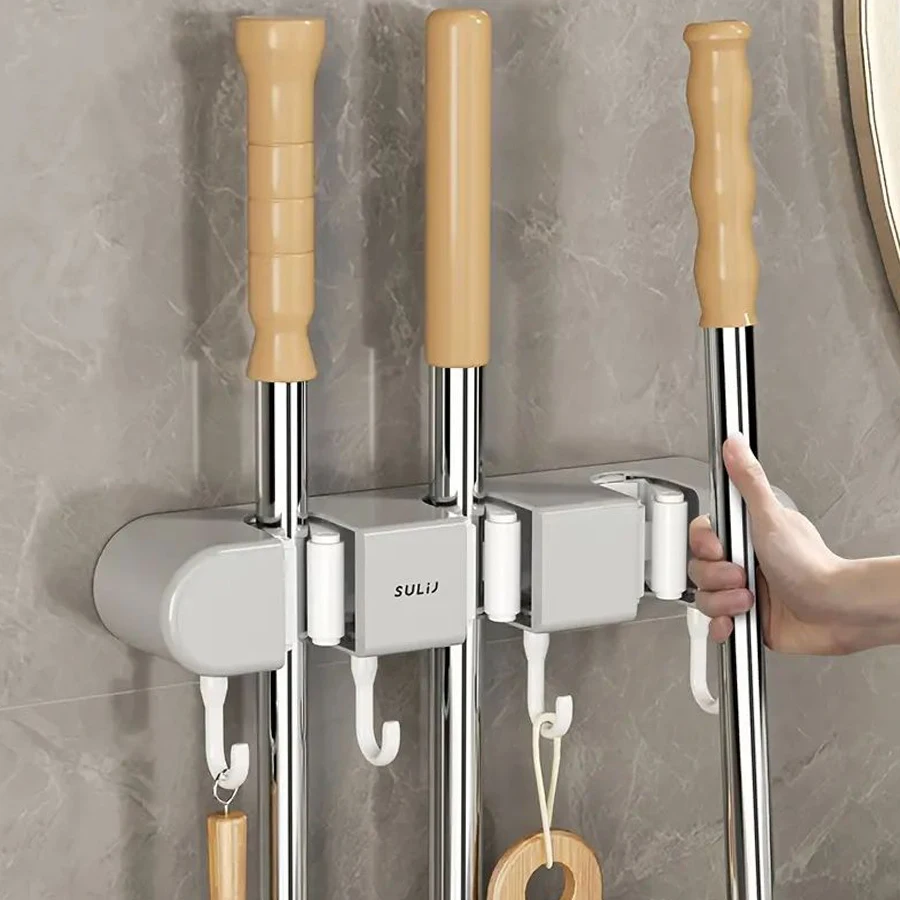 Bathroom Accessories Set household cleaning tool holder organizer 2 clips 3 hooks mop hook mop clip wall mounted and broom storage clip