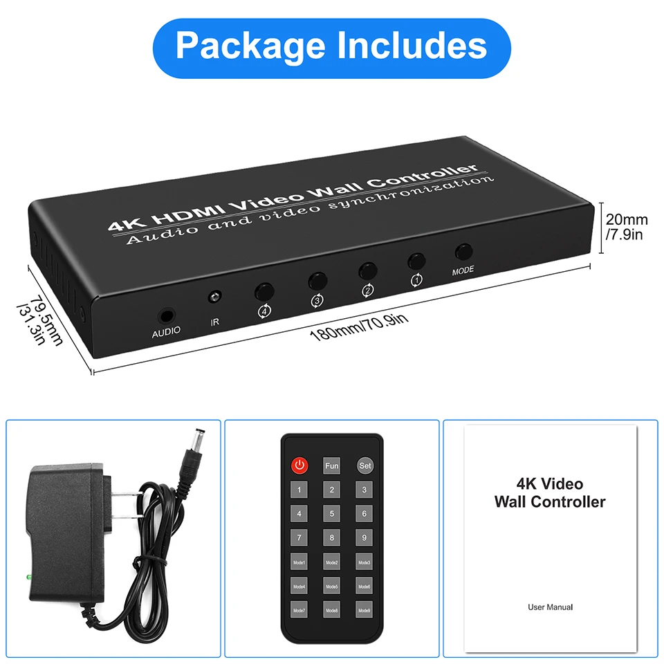 HDMI Video Wall Controller Up 4K30Hz 8 Display Options 1X2 1X4 1X3 3X3 3x1 4X1 Multi Video Screen Processor HD Splicer 180° Flip
