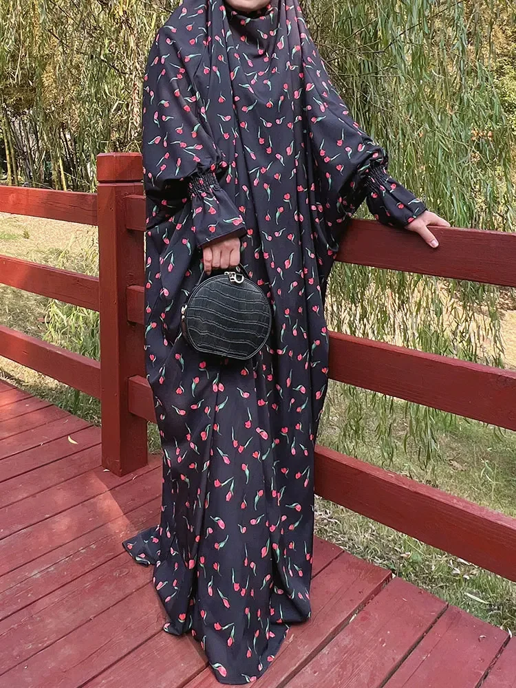 Prayer Abaya with Integrated Veil Printed Hijab Dress Hooded Muslim Women Islamic Jilbab One Piece Ramadan Outfit Dubai Niqab