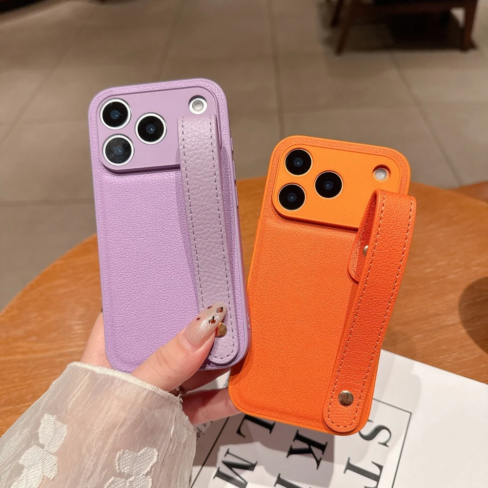 Elegant Leather Wrist Strap Case with Candy Stand and Hand Band Holder