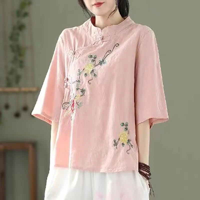 New Spring Summer Embroidery Traditional Chinese Women's Clothing Tang Hanfu Shirt Blouse Loose Leisure Top Vintage T-shirt