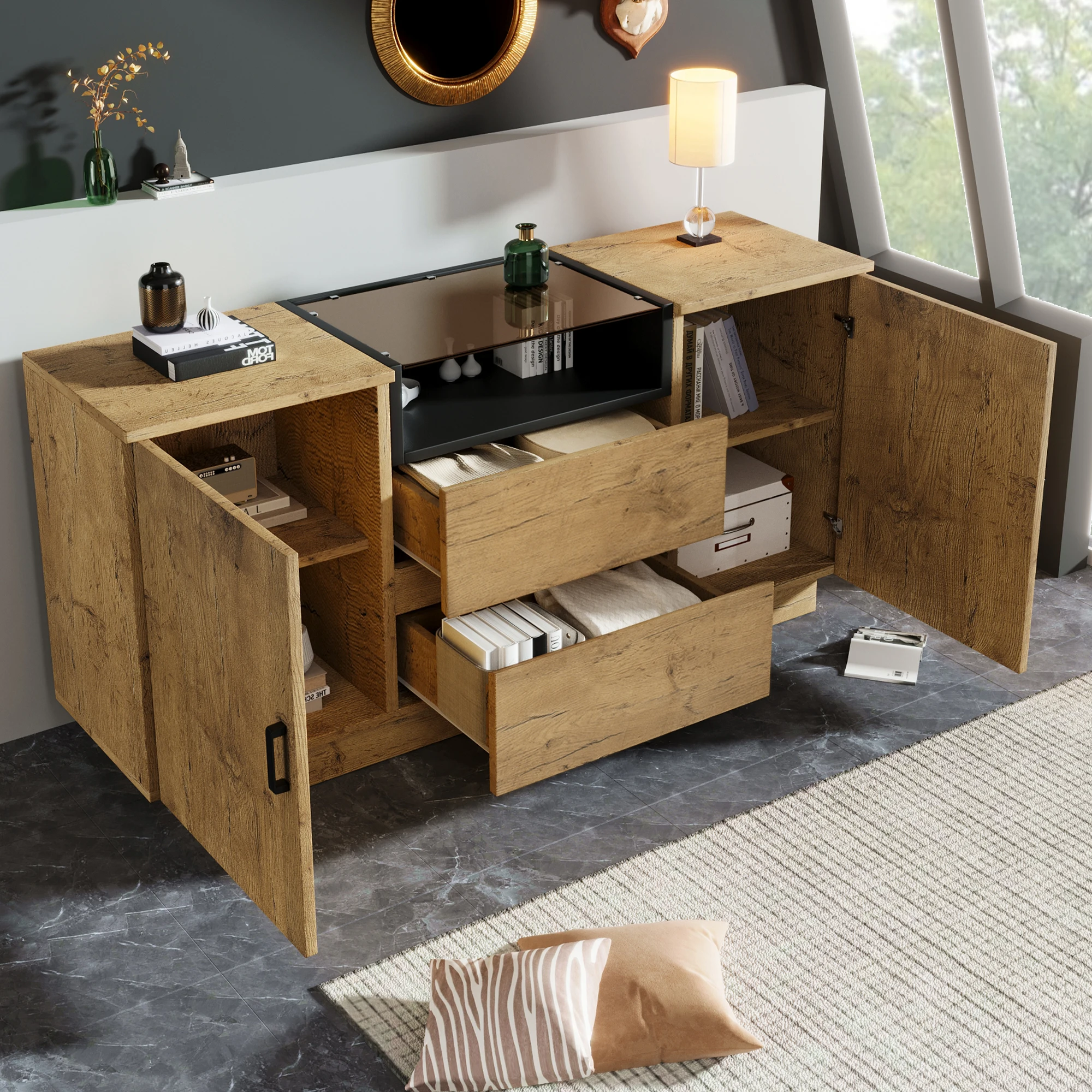 Eichen-Sideboard mit 2 Schubladen, 2 verstellbaren Schränken und offenem Fach – ESG-Glas & schwarze Griffe, H70/B140/T40 cm. – Detail 13