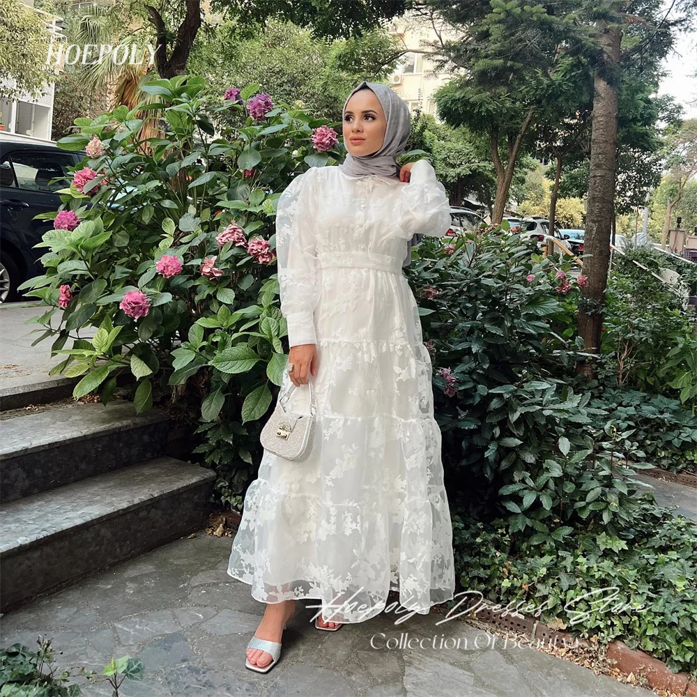 

Hoepoly Elegant Muslim Arabic Women Evening Dresses Long Sleeevs High Neck Appliques Lace Formal Prom Gowns Modest Wedding Party