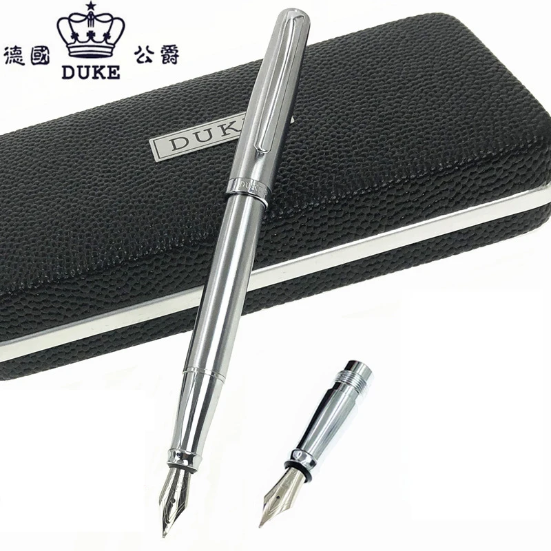 Duke 209 Stainless Steel Calligraphy & Fountain Pen Set Two Nibs Ideal For Writing & Painting Pure Silver W/Gift Box GFP002