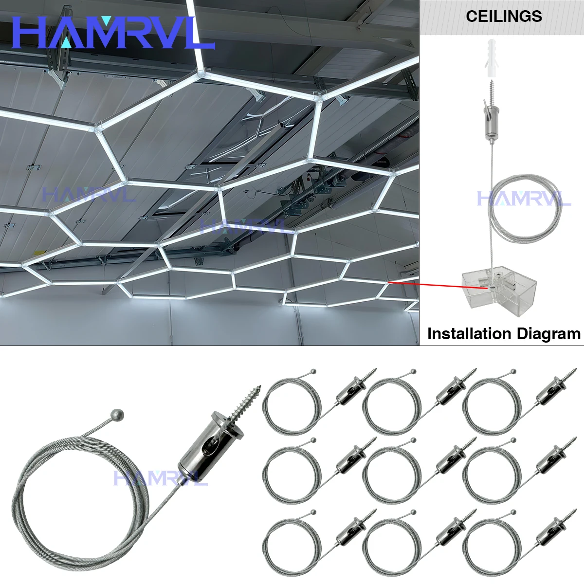 Hexagonal light cable 1M Adjustable suspension Cables 100cm Steel Hanging chain Lamp Celing For Hexagonal Garage Honeycomb Tube