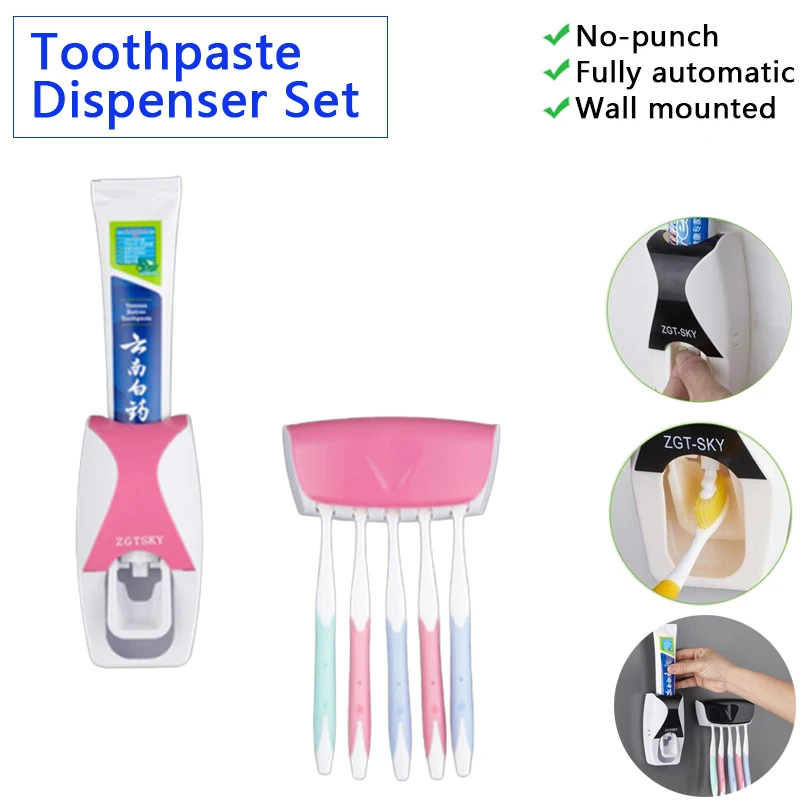 

Two-piece Wall Mount Toothbrush Holder Set Automatic Toothpaste Paste Dispenser Dust-proof Squeezer Rack For Bathroom Accessorie