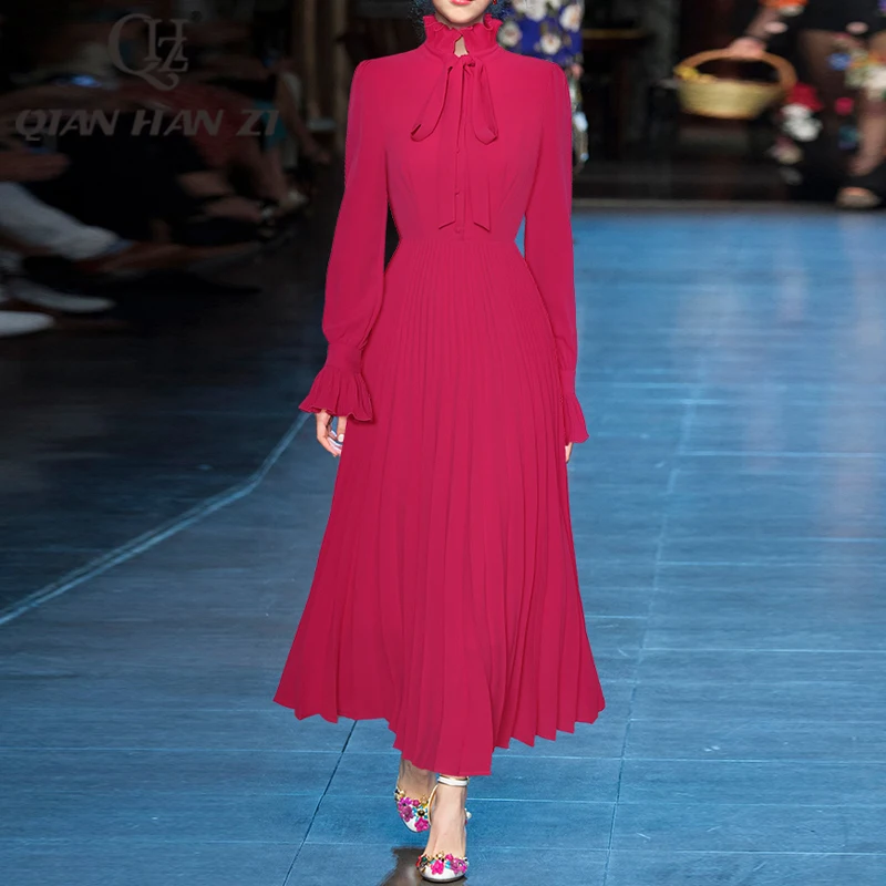 

Дизайнерское модельное винтажное платье макси QHZ, женское роскошное облегающее элегантное Плиссированное длинное платье с длинным рукавом, бантом и оборками