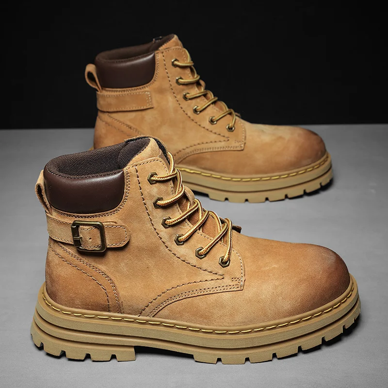 

2023 Popular Working Shoes Men Brand Fashion Cowboy Boots Mens Anti Slip Leather Sneakers Men Lace Up British Retro Boots Men