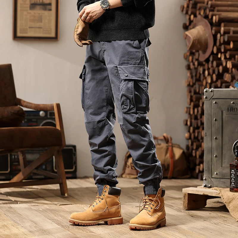 American drawstring elastic waist retro youth trendy brand men's zipper large pocket work clothes casual pants multiple bags was