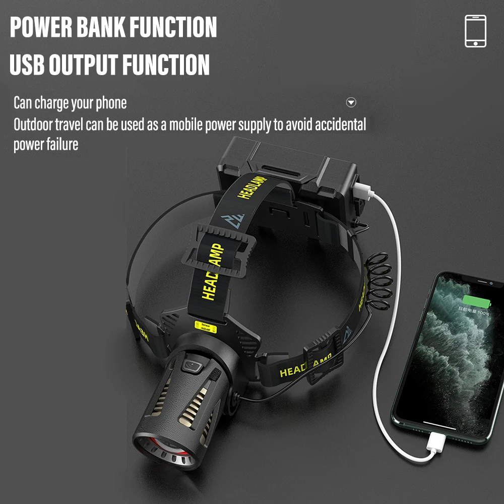 Fishing Headlamp XHP360 High Power 90 &deg; Rechargeable Light Zoom Headlight Camping Hiking Led Flashlights Emergency Power Bank