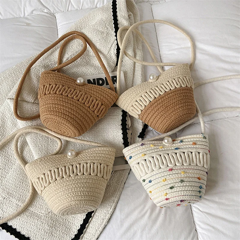 

Cotton Rope Bucket Shoulder Bag For Women Handamade Woven Handbag Summer Beach Bag Drawstring Crossbody Bag Purse cute tote bag