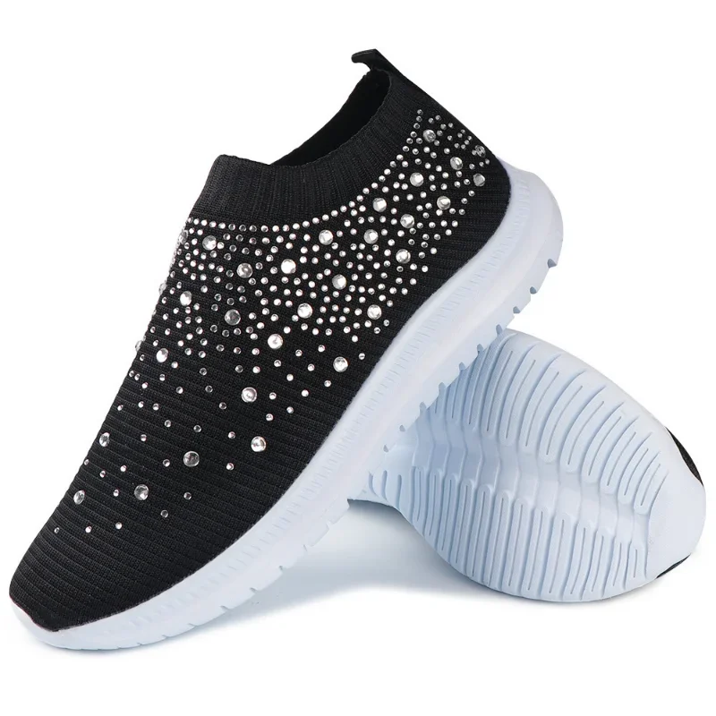 Large Size Rhinestone Elastic Sock Shoes, Casual Men's and Women's Sports Shoes, MD Sole Fly Woven Breathable Lightweight Shoes