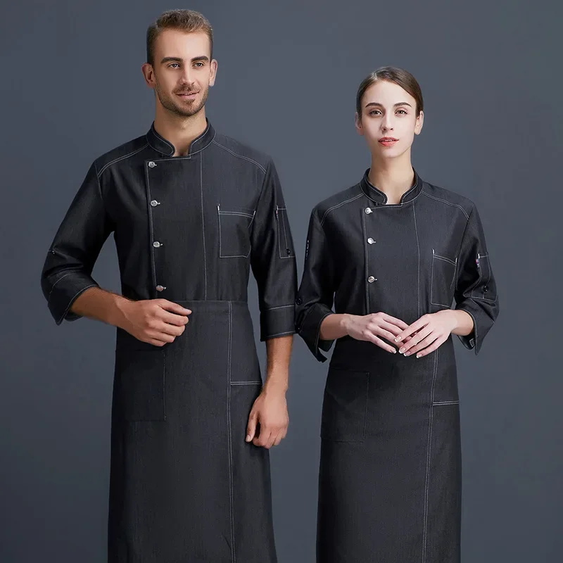 Short Sleeve Chef Uniform Denim Kitchen Work Clothes Western Restaurant Hotel Main Kitchen Captain White Coat