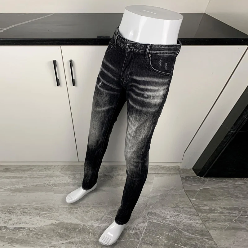 Street Fashion Men Jeans Retro Black Gray Stretch Slim Fit Ripped Jeans Men Elastic Vintage Designer Brand Denim Pants Hombre