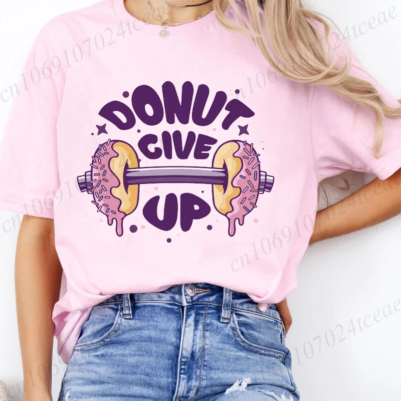 Doughnut Weightlifting Donut Give Up Girl T-Shirt Summer Tee Shirt Gym Lifting Gymer Cartoon Casual Popular Tshirt Vigor Leisure 4