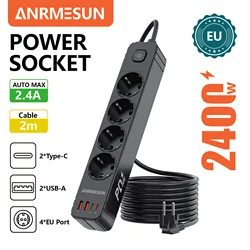 European Surge Protector Power Strip with Overload Protection - 4 Outlet Extension Cord - EU Plug (4 AC sockets USB)