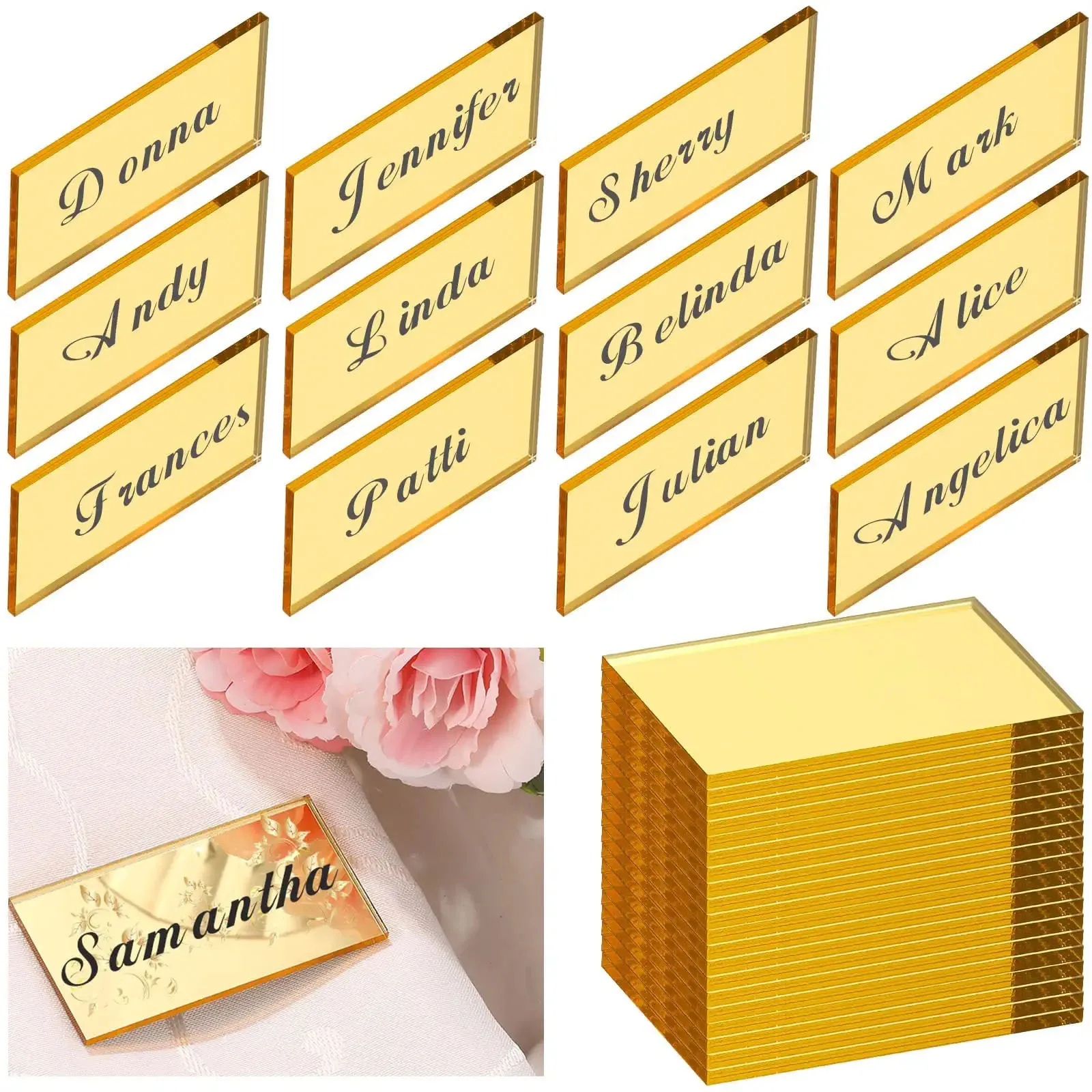 Gold Acrylic Place Cards Blank Mirror Plates Display Acrylic Rectangle Sign DIY Name Plate Table Seating Number Card