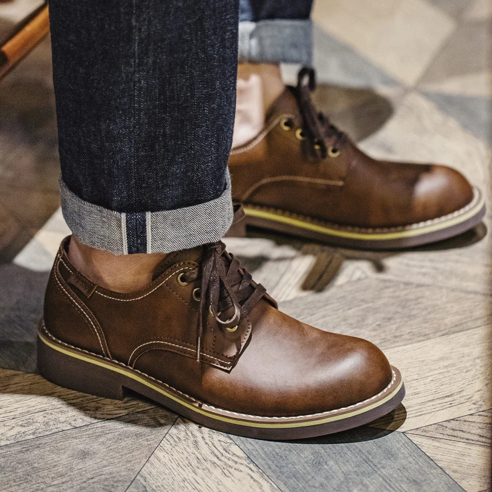 Men's Low-top Work Boots Round-toed Leather Shoes Autumn Casual Vintage Streetwear leather shoes men dress boots