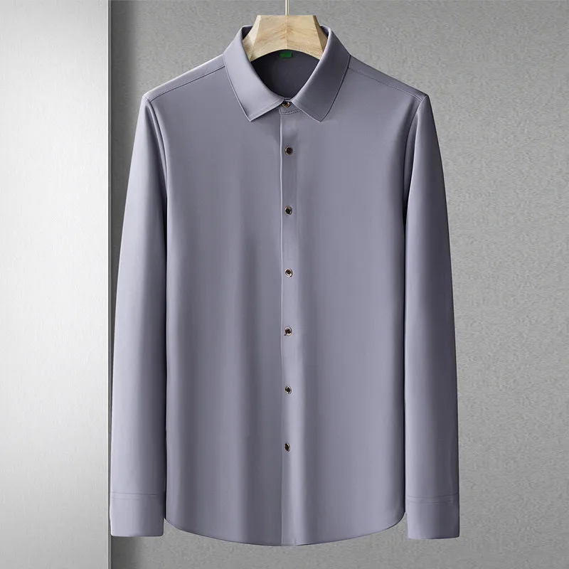 New Seamless Pressed Adhesive High Elastic Solid Color Business Slim Fit Casual Long Sleeve Men'S Autumn Winter Thickened Shirt