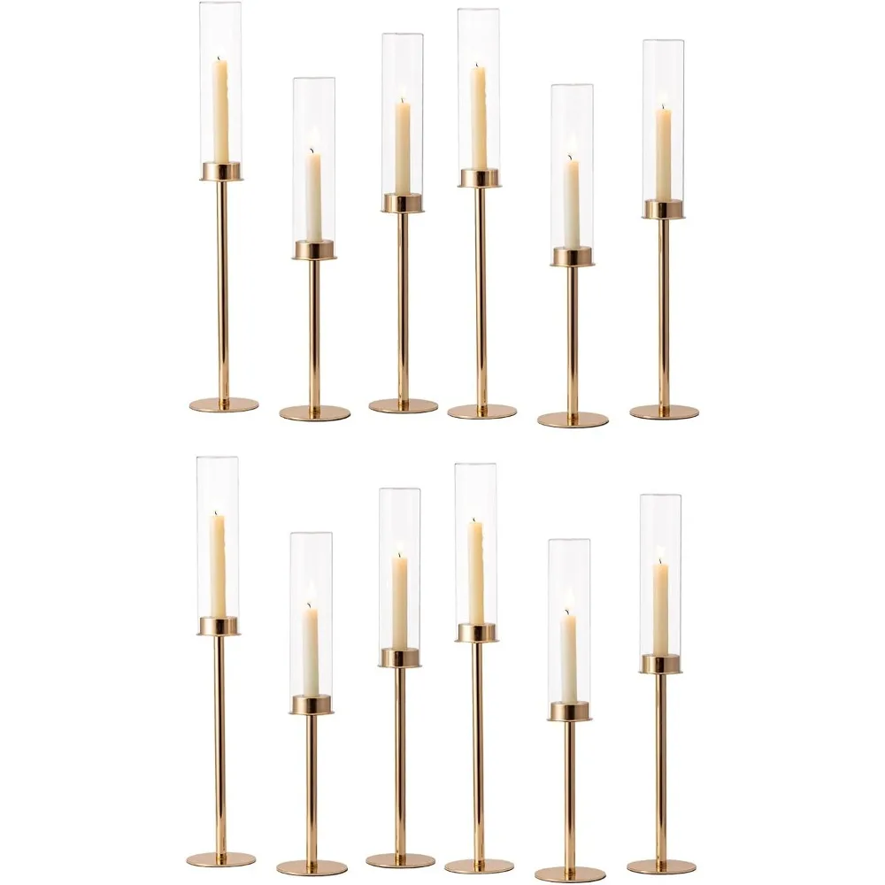 

Gold Hurricane Candle Holder for Taper Candles,with Glass Cylinder Chimney, Modern Candle Stick Holders for Wedding Decor Table